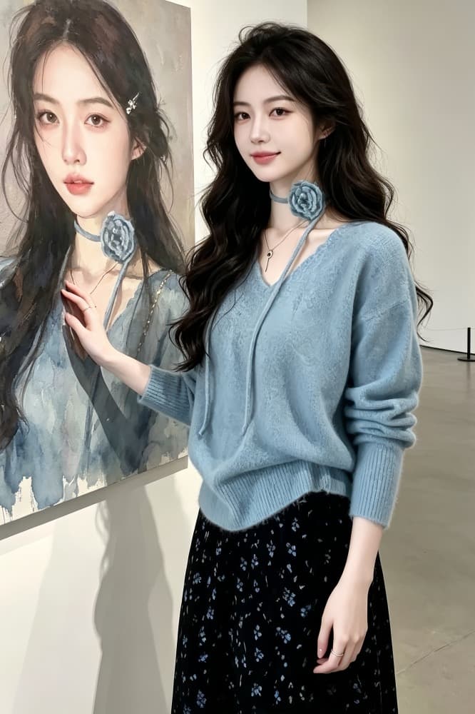 한 부서 작은 키 리본 꽃 V넥 니트 스웨터 여성 2026 가을 겨울 새로운 루즈핏 슬림해 보이는 다용도 맨위 트렌디 이미지 5