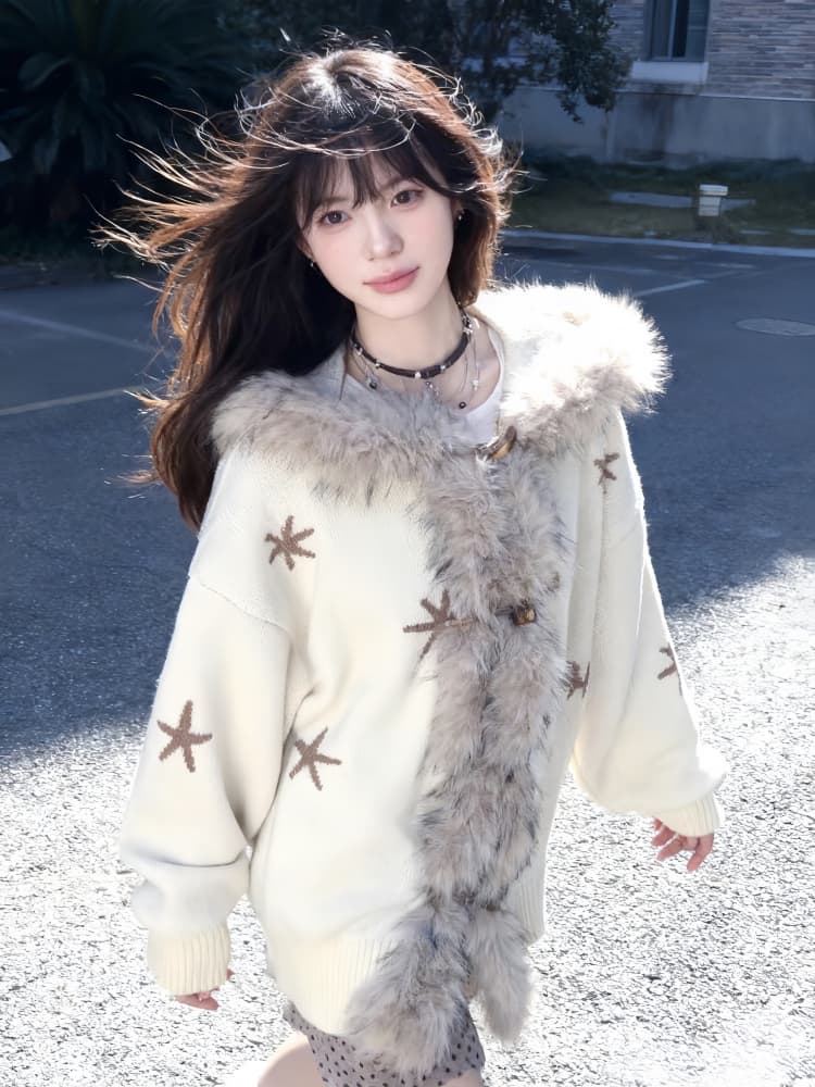한 부서 레트로 모피 칼라 소뿔 버클 별 자카드 후드 스웨터 니트 스웨터 재킷 아메리칸 레트로 루즈핏 맨위 상세 이미지 2