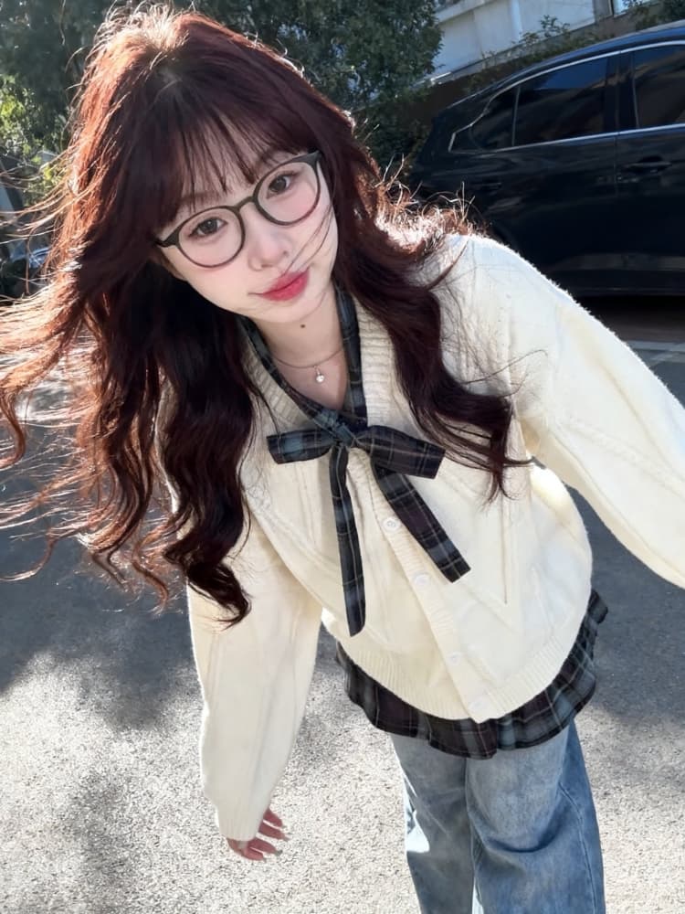 한 부서 체크무늬 나비 넥타이 페이크 레이어드 니트 오픈 가디건 여성 가을 겨울 루즈핏 느긋한 스웨터 맨위 재킷 트렌디 상세 이미지 3