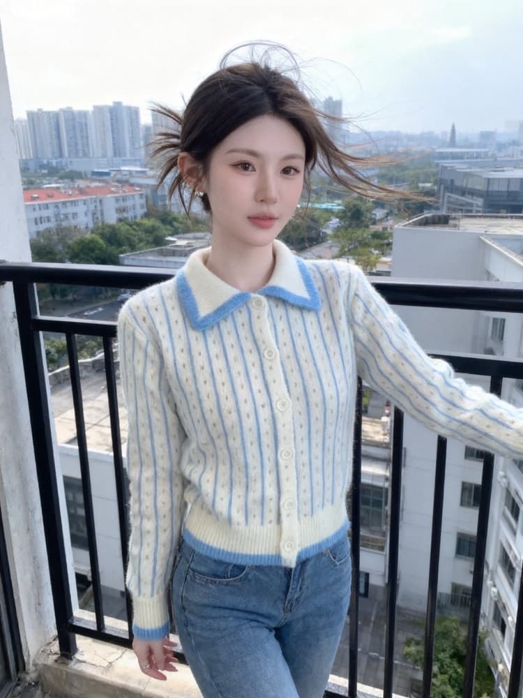 한 부서 배색 폴로 칼라 긴팔 니트 스웨터 여성 가을 섹션 부드러운 찹쌀 하트 도트 무늬 스웨터 오픈 가디건 슬림해 보이는 짧은 외투 이미지 2