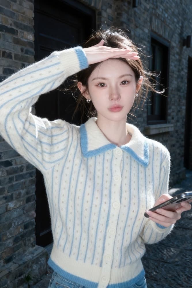 한 부서 배색 폴로 칼라 긴팔 니트 스웨터 여성 가을 섹션 부드러운 찹쌀 하트 도트 무늬 스웨터 오픈 가디건 슬림해 보이는 짧은 외투 이미지 5