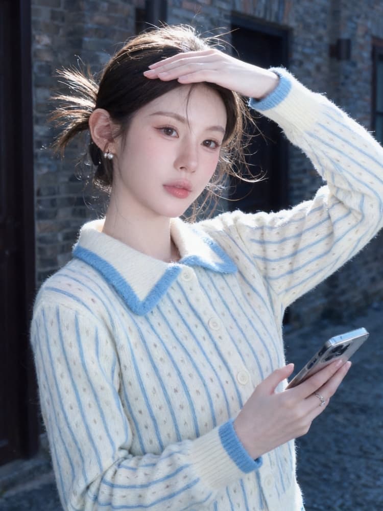 한 부서 배색 폴로 칼라 긴팔 니트 스웨터 여성 가을 섹션 부드러운 찹쌀 하트 도트 무늬 스웨터 오픈 가디건 슬림해 보이는 짧은 외투 상세 이미지 2