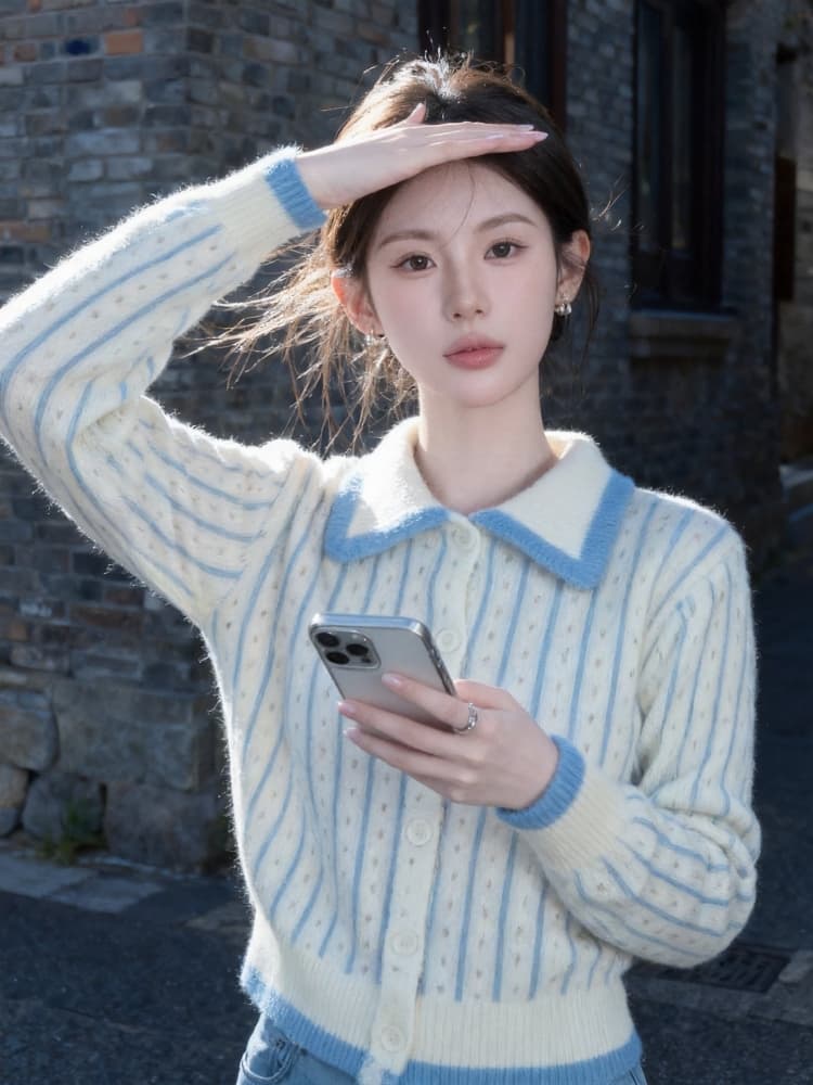 한 부서 배색 폴로 칼라 긴팔 니트 스웨터 여성 가을 섹션 부드러운 찹쌀 하트 도트 무늬 스웨터 오픈 가디건 슬림해 보이는 짧은 외투 상세 이미지 3