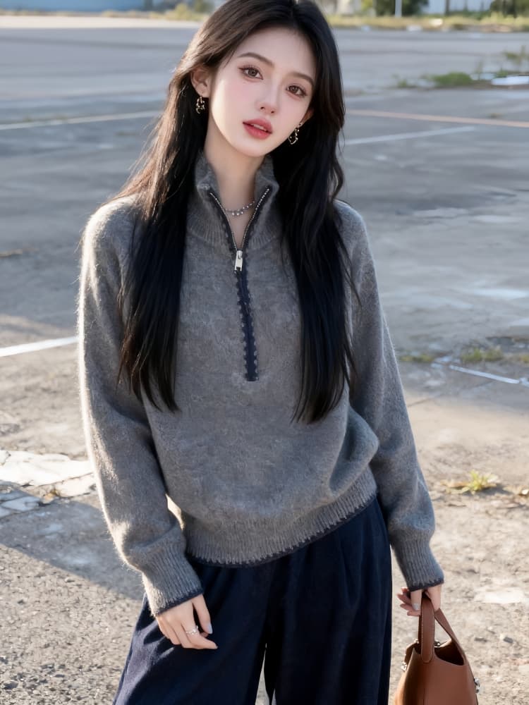 작은 대중 Chic 하프 지퍼 풀오버 배색 스웨터 여자 2026 겨울 느긋한 출퇴근 다용도 긴팔 니트 스웨터 트렌디 이미지 3