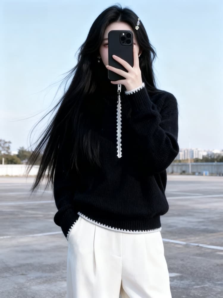 작은 대중 Chic 하프 지퍼 풀오버 배색 스웨터 여자 2026 겨울 느긋한 출퇴근 다용도 긴팔 니트 스웨터 트렌디 이미지 4
