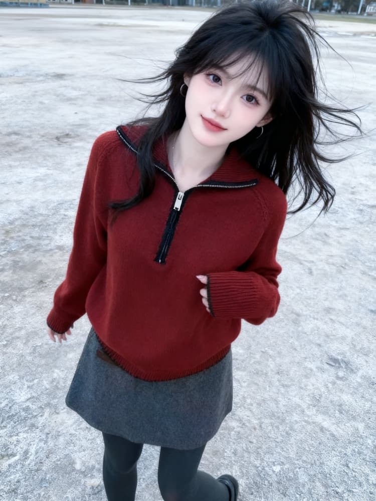 작은 대중 Chic 하프 지퍼 풀오버 배색 스웨터 여자 2026 겨울 느긋한 출퇴근 다용도 긴팔 니트 스웨터 트렌디 상세 이미지 4