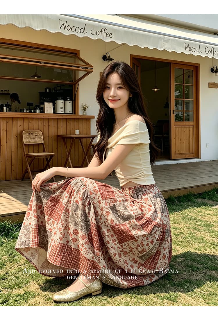 실사 유목민 바람 휴가 바람 프린트 쉬폰 스커트 큰 진자 반신 스커트 하이웨이스트 패치워크 한 마디 플리츠 길다 치마 상세 이미지 16