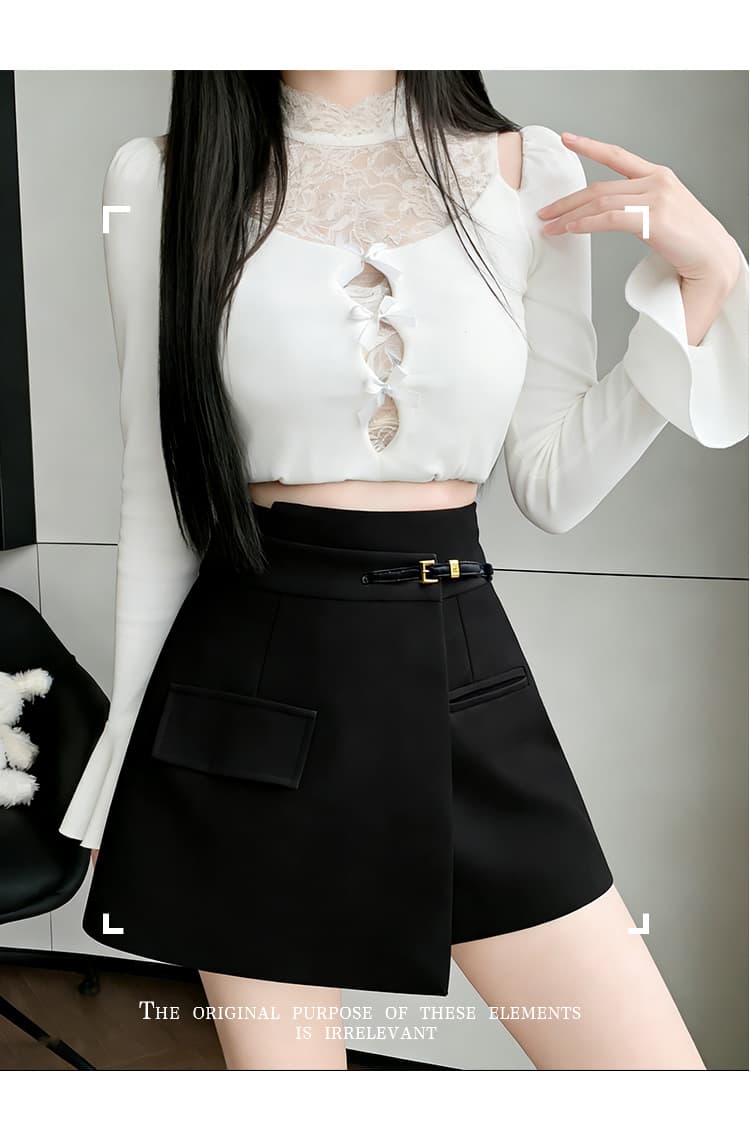 실사 정장 짧은 치마바지 하이웨이스트 몸매 가꾸기 슬림해 보이는 연령 감소 한 마디 와이드 레그 팬츠 학원 스타일 작은 키 반신 치마 상세 이미지 46