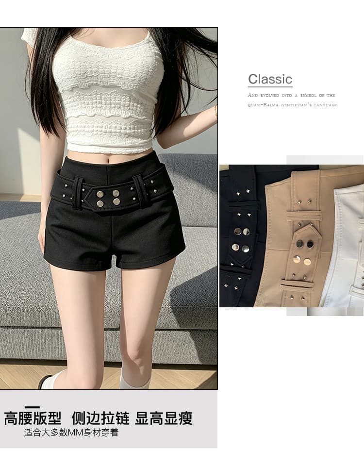실사 수퍼 모델 비율 카키 색 오래된 돈 바람 펭 넓적 다리 신축성 반바지 외출용 봄 여름 2026 년 하이웨이스트 핫 바지 상세 이미지 3