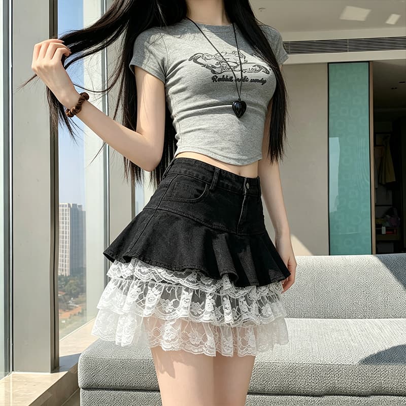 실사 데님 패치워크 레이스 연결 반신 스커트 2026 여름 프릴 슬림해 보이는 한 마디 케이크 짧은 치마 연령 감소 이미지 4
