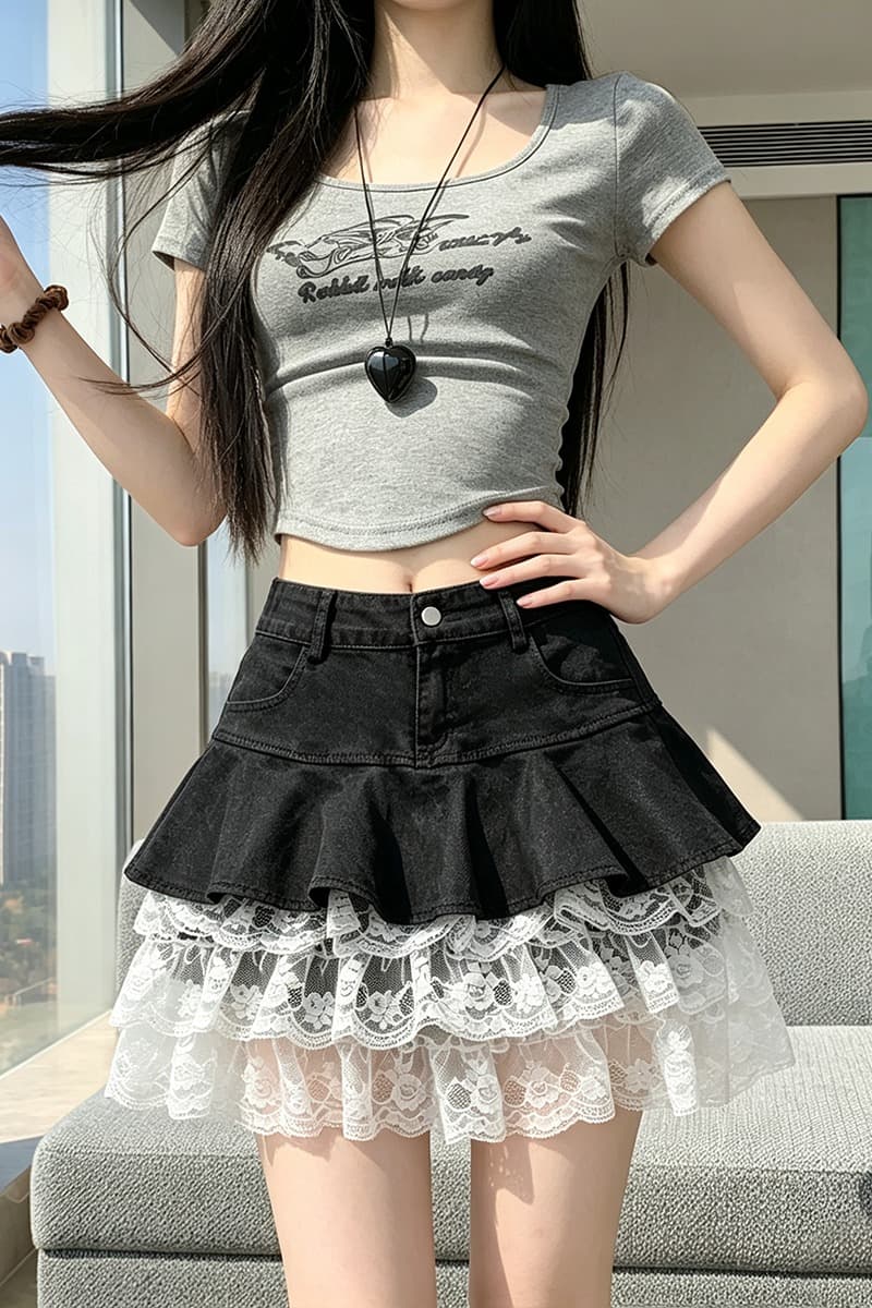 실사 데님 패치워크 레이스 연결 반신 스커트 2026 여름 프릴 슬림해 보이는 한 마디 케이크 짧은 치마 연령 감소 이미지 6