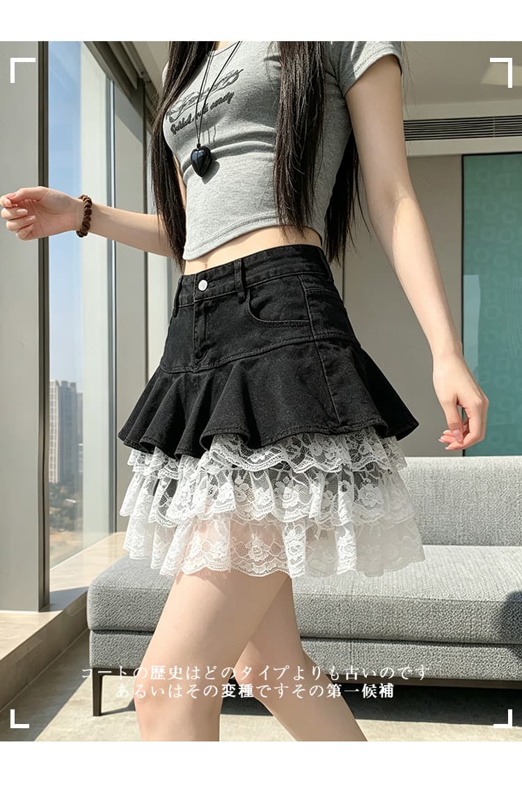 실사 데님 패치워크 레이스 연결 반신 스커트 2026 여름 프릴 슬림해 보이는 한 마디 케이크 짧은 치마 연령 감소 상세 이미지 12