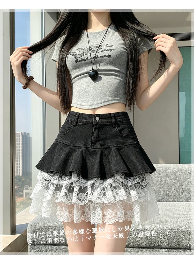실사 데님 패치워크 레이스 연결 반신 스커트 2026 여름 프릴 슬림해 보이는 한 마디 케이크 짧은 치마 연령 감소 상세 이미지 13