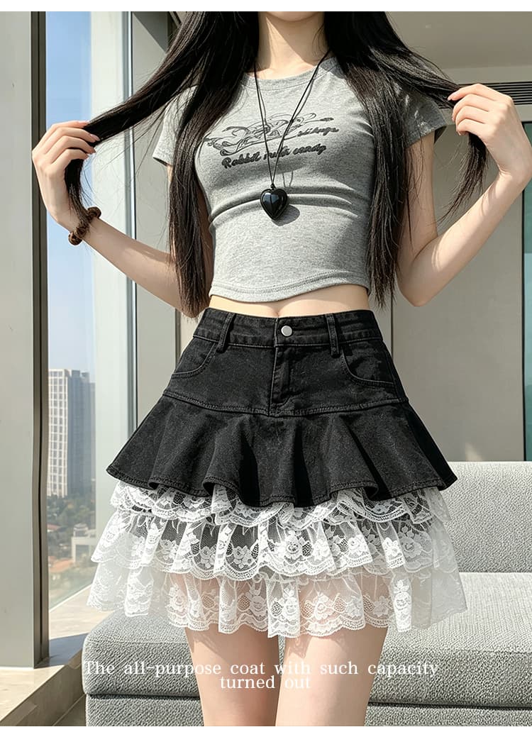 실사 데님 패치워크 레이스 연결 반신 스커트 2026 여름 프릴 슬림해 보이는 한 마디 케이크 짧은 치마 연령 감소 상세 이미지 14