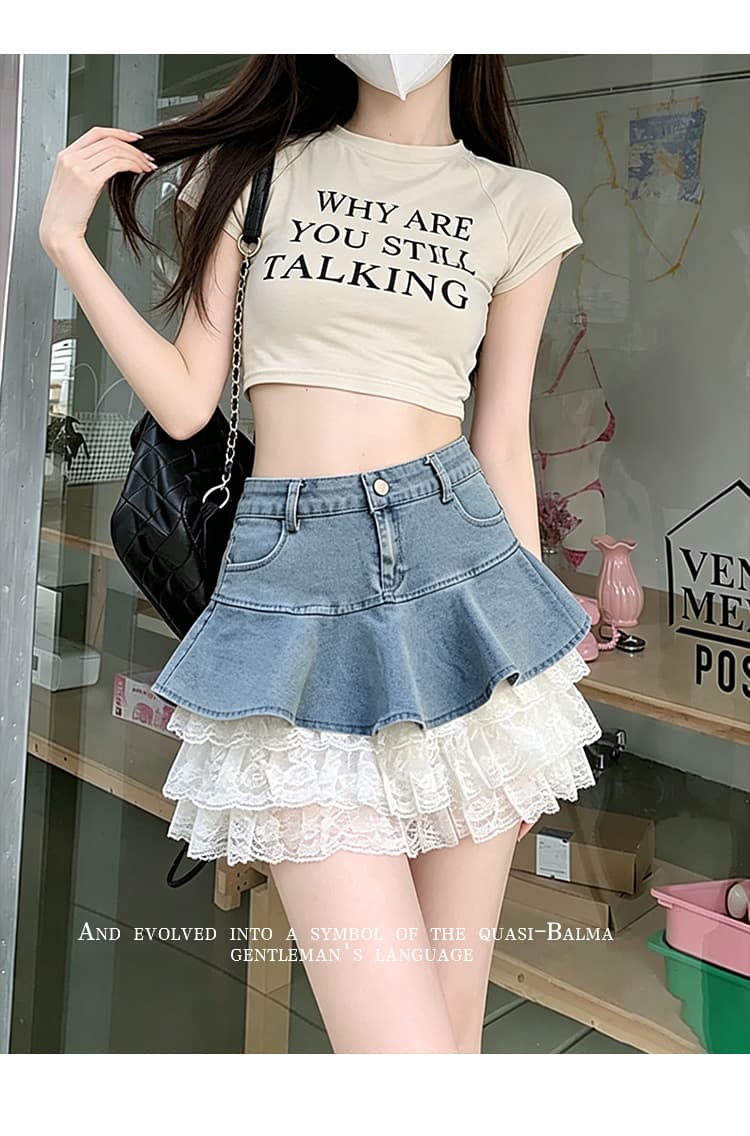 실사 데님 패치워크 레이스 연결 반신 스커트 2026 여름 프릴 슬림해 보이는 한 마디 케이크 짧은 치마 연령 감소 상세 이미지 16