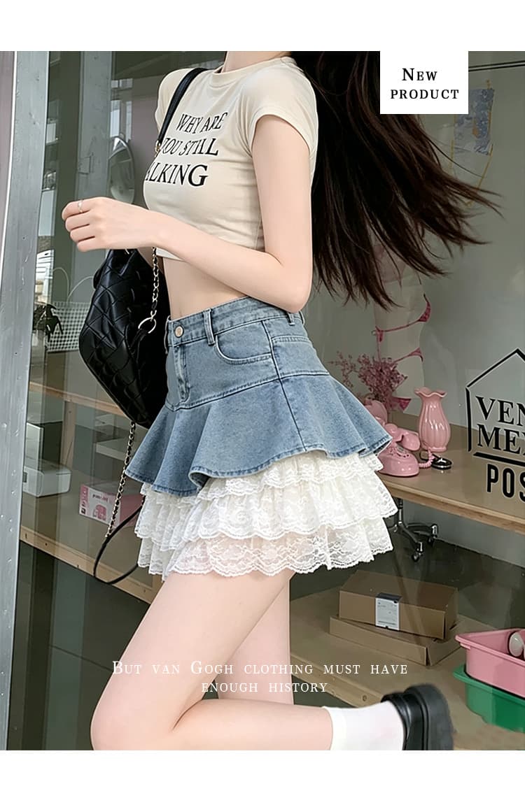 실사 데님 패치워크 레이스 연결 반신 스커트 2026 여름 프릴 슬림해 보이는 한 마디 케이크 짧은 치마 연령 감소 상세 이미지 18