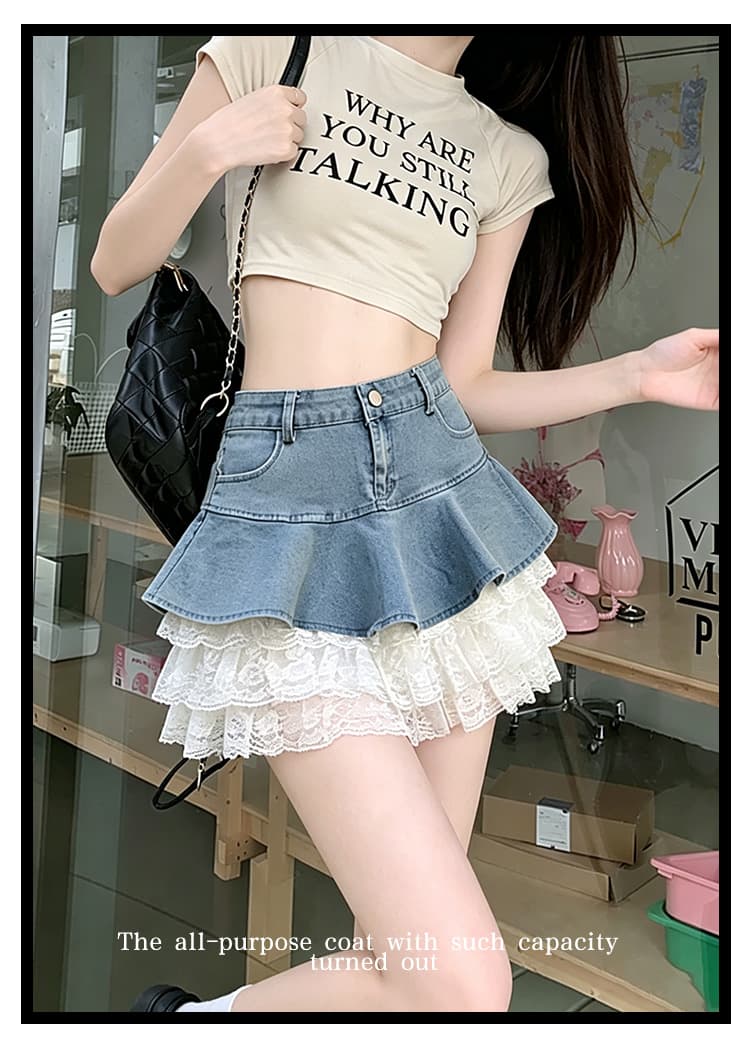 실사 데님 패치워크 레이스 연결 반신 스커트 2026 여름 프릴 슬림해 보이는 한 마디 케이크 짧은 치마 연령 감소 상세 이미지 21