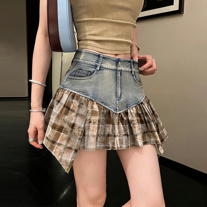 실사 데님 패치워크 불규칙 체크무늬 반신 스커트 여성 여름 새로운 외국 가스 한 마디 타이트 스커트 미니 스커트 슬림해 보이는 A라인 스커트 이미지 2