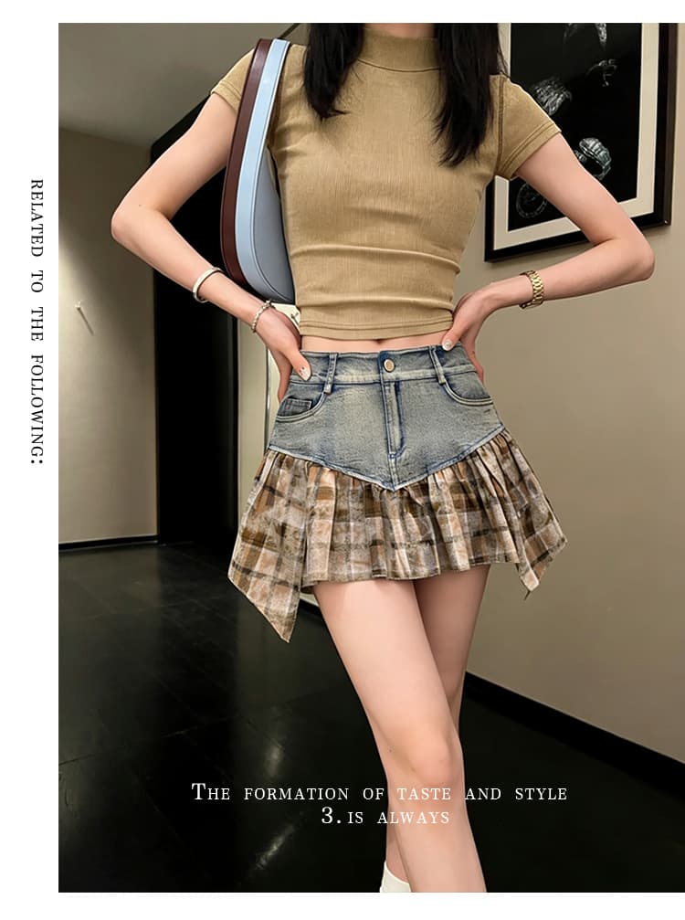 실사 데님 패치워크 불규칙 체크무늬 반신 스커트 여성 여름 새로운 외국 가스 한 마디 타이트 스커트 미니 스커트 슬림해 보이는 A라인 스커트 상세 이미지 15