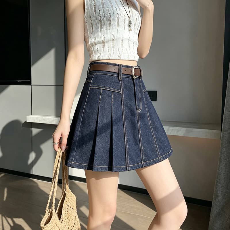 실사 레트로 마 오래된 핫걸 연령 감소 명시적 스티치 모방 데님 플리츠 미니 스커트 여성 가을 한 마디 노출 방지 반신 치마 이미지 4