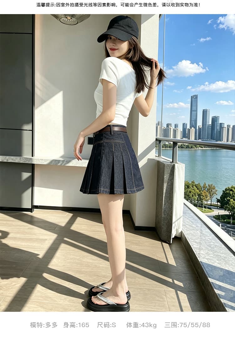 실사 레트로 마 오래된 핫걸 연령 감소 명시적 스티치 모방 데님 플리츠 미니 스커트 여성 가을 한 마디 노출 방지 반신 치마 상세 이미지 8