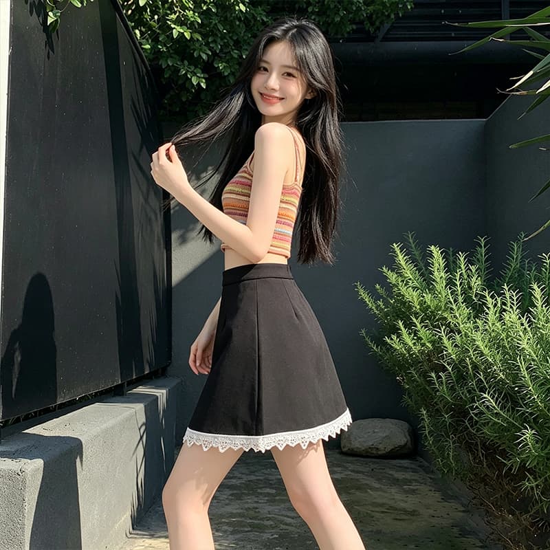실사 검정색 미니멀리즘 다용도 목이버섯 레이스 측면 스트레이트 미니 스커트 여성 봄 여름 2026 하이웨이스트 슬림해 보이는 반신 치마 이미지 4