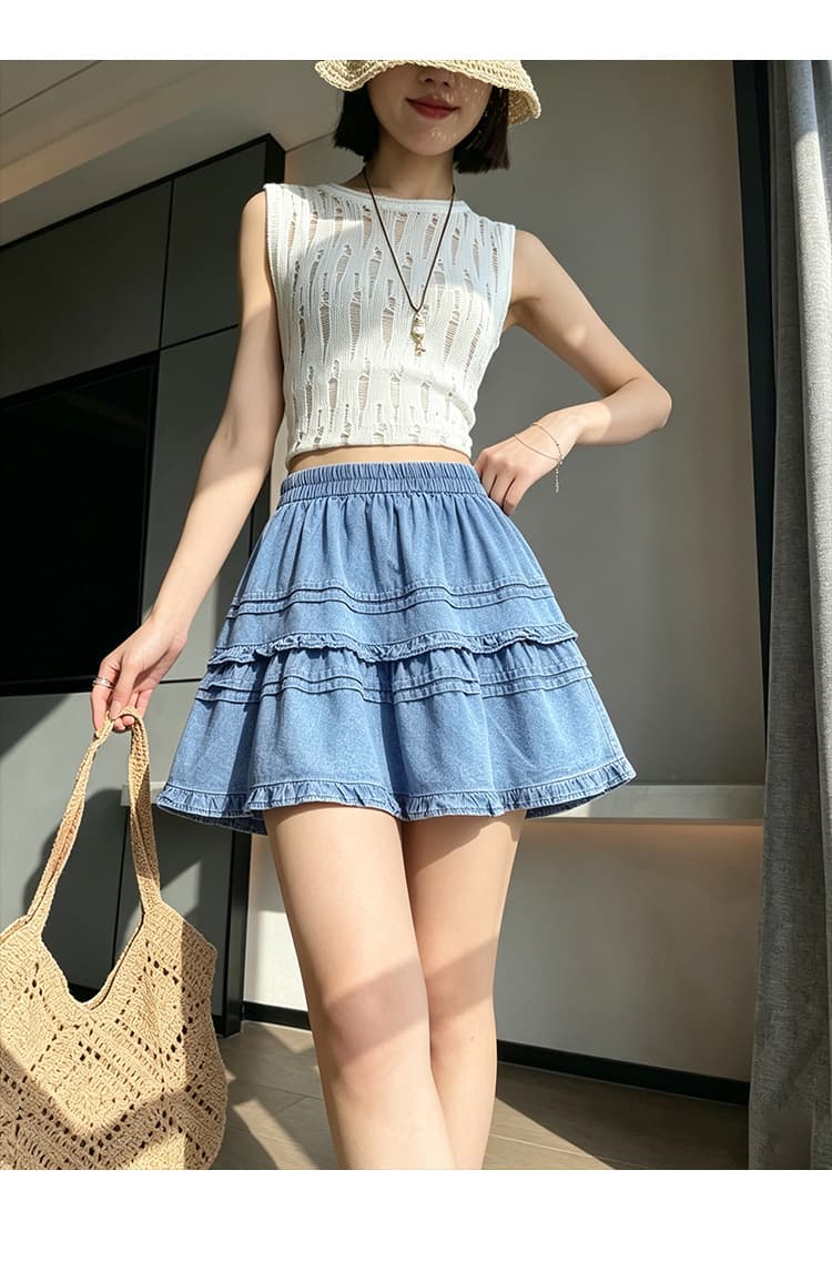 실사 밴딩 하이웨이스트 루즈핏 달콤함 발레 바람 데님 미니 스커트 프릴 한 마디 퍼프 케이크 반신 스커트 여성 상세 이미지 15