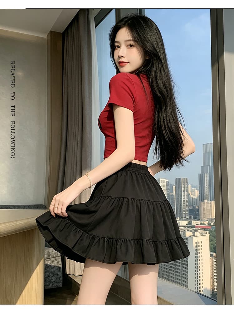 실사 작은 키 밴딩 하이웨이스트 쉬폰 미니 스커트 여성 여름 A라인 스커트 프릴 우산 치마 케이크 반신 스커트 ins 상세 이미지 9