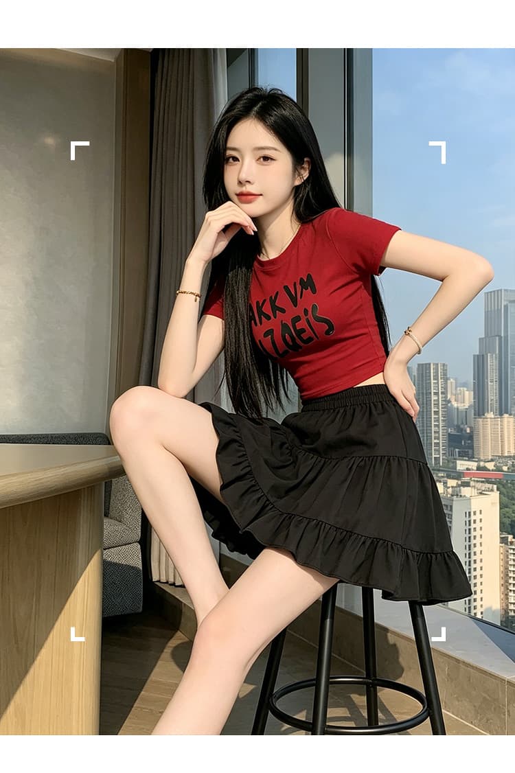 실사 작은 키 밴딩 하이웨이스트 쉬폰 미니 스커트 여성 여름 A라인 스커트 프릴 우산 치마 케이크 반신 스커트 ins 상세 이미지 14