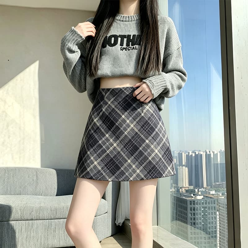 실사 2026 년 가을 새로운 인터넷 유명인 체크무늬 모직 반신 스커트 불규칙 A라인 스커트 핫걸 타이트 스커트 미니 스커트 이미지 4