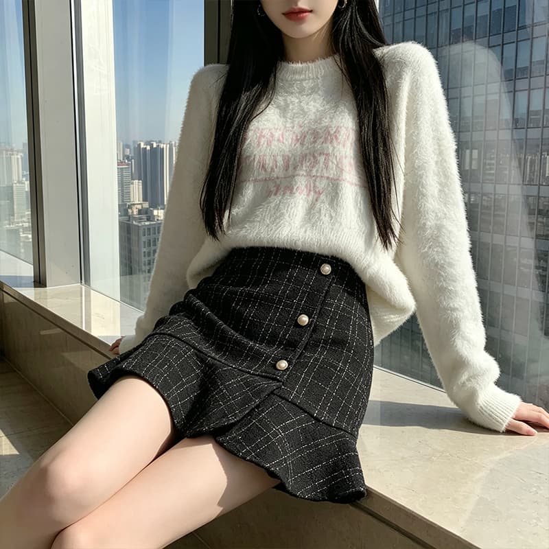 실사 체크무늬 인어 꼬리 미니 스커트 여성 2026 새로운 가을 작은 샤넬 스타일 불규칙 프릴 타이트 스커트 반신 치마바지 이미지 5
