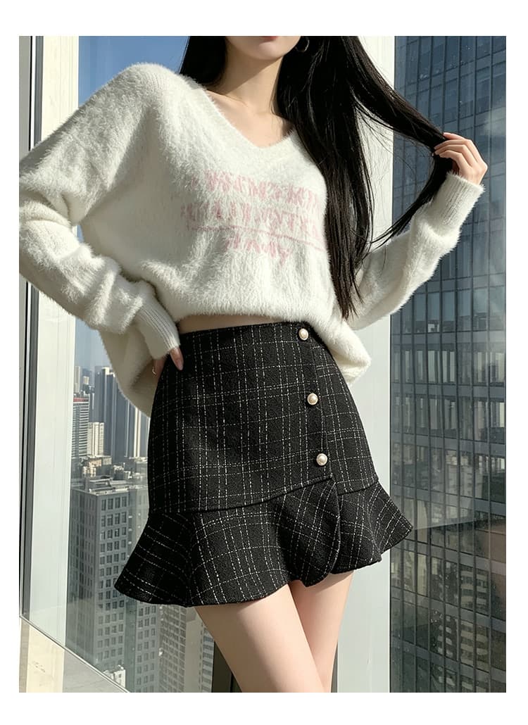 실사 체크무늬 인어 꼬리 미니 스커트 여성 2026 새로운 가을 작은 샤넬 스타일 불규칙 프릴 타이트 스커트 반신 치마바지 상세 이미지 1