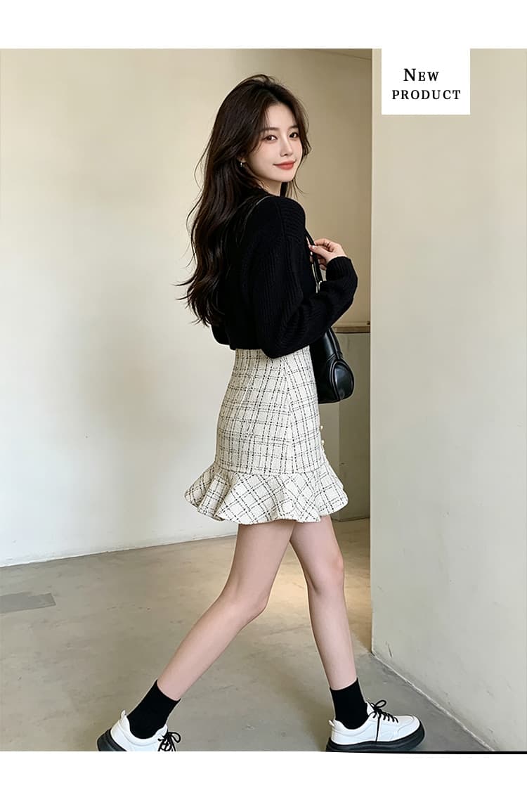 실사 체크무늬 인어 꼬리 미니 스커트 여성 2026 새로운 가을 작은 샤넬 스타일 불규칙 프릴 타이트 스커트 반신 치마바지 상세 이미지 11