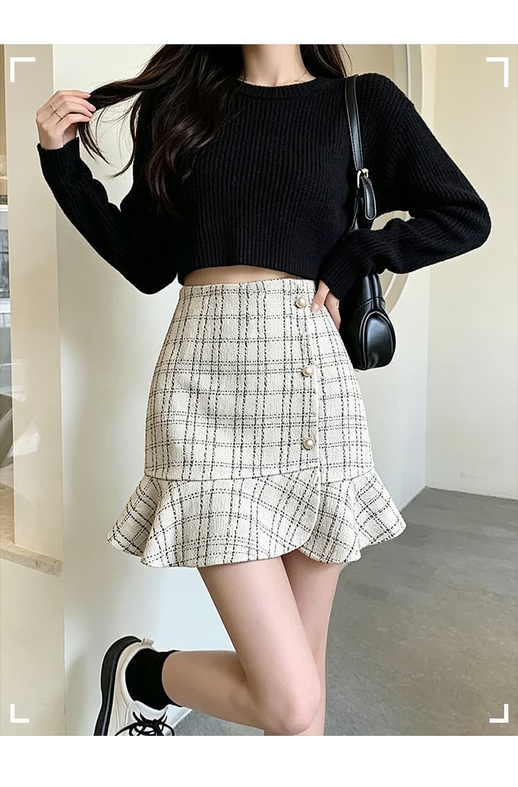 실사 체크무늬 인어 꼬리 미니 스커트 여성 2026 새로운 가을 작은 샤넬 스타일 불규칙 프릴 타이트 스커트 반신 치마바지 상세 이미지 12