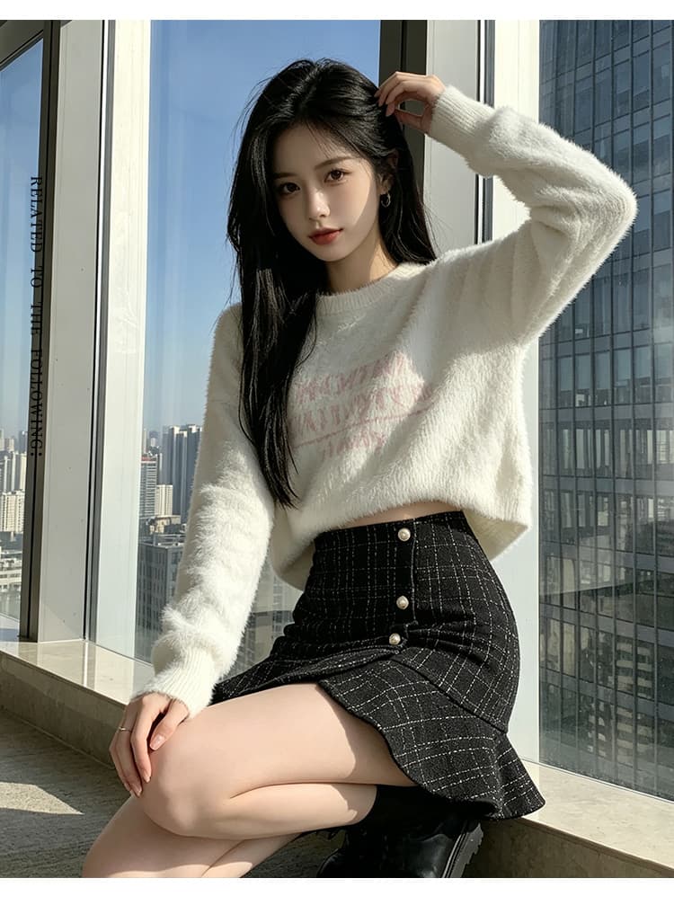 실사 체크무늬 인어 꼬리 미니 스커트 여성 2026 새로운 가을 작은 샤넬 스타일 불규칙 프릴 타이트 스커트 반신 치마바지 상세 이미지 17