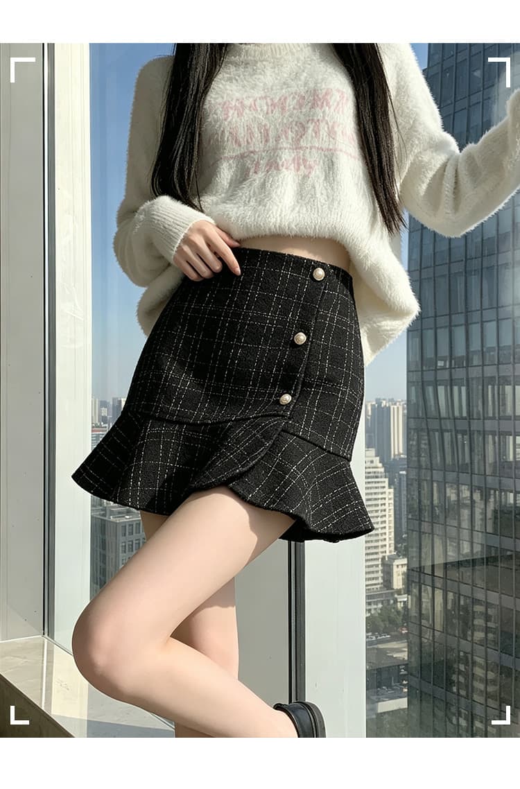 실사 체크무늬 인어 꼬리 미니 스커트 여성 2026 새로운 가을 작은 샤넬 스타일 불규칙 프릴 타이트 스커트 반신 치마바지 상세 이미지 19