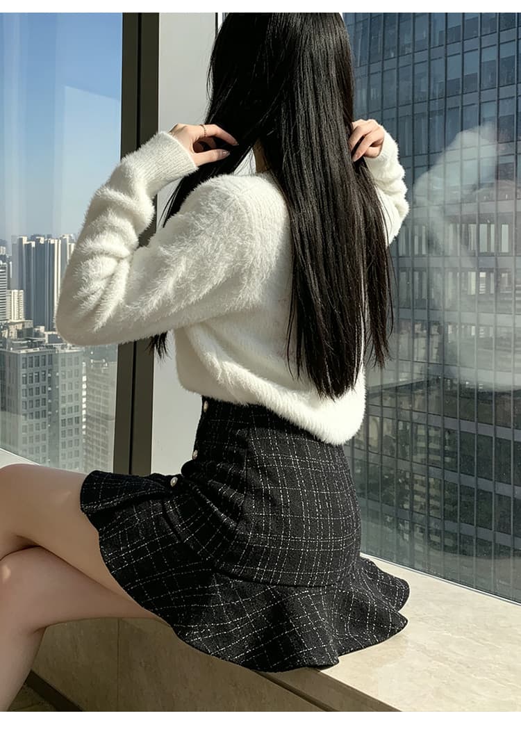 실사 체크무늬 인어 꼬리 미니 스커트 여성 2026 새로운 가을 작은 샤넬 스타일 불규칙 프릴 타이트 스커트 반신 치마바지 상세 이미지 21