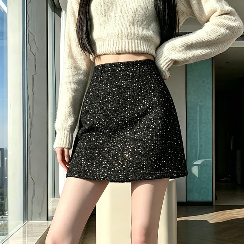 실사 반신 스커트 가을 겨울 소녀 작은 샤넬 스타일 미니 스커트 빛나는 모직 스팽글 치마 트위드 어린이 한 걸음 타이트 스커트 이미지 3