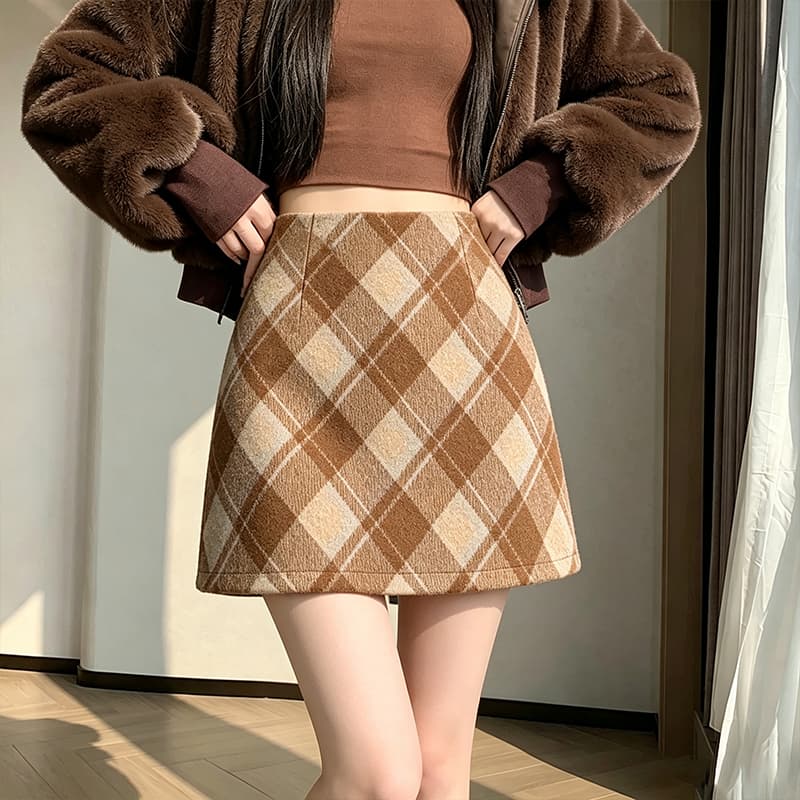 실사 2026 가을 한국 스타일 체크무늬 레트로 하이웨이스트 chic 보온 경기 코트 비스듬한 그리드 타이트 스커트 한 마디 반신 스커트 이미지 2