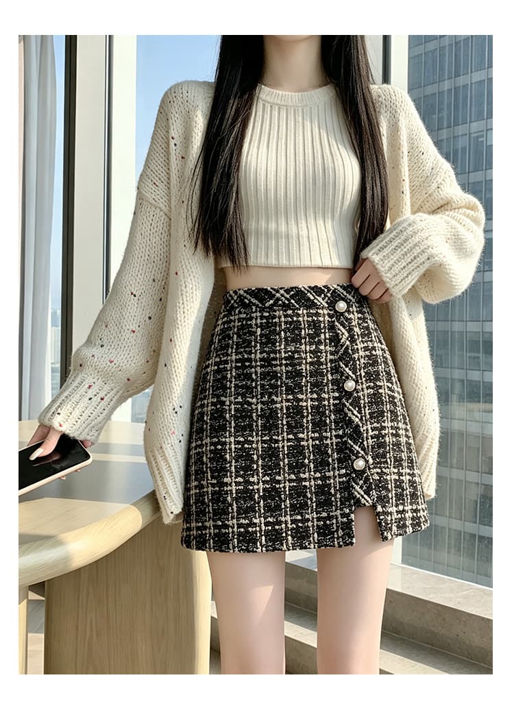 실사 체크무늬 작은 샤넬 스타일 미니 스커트 여성 가을 겨울 하이웨이스트 모직 한 마디 반신 치마 불규칙 슬림해 보이는 트위드 상세 이미지 1