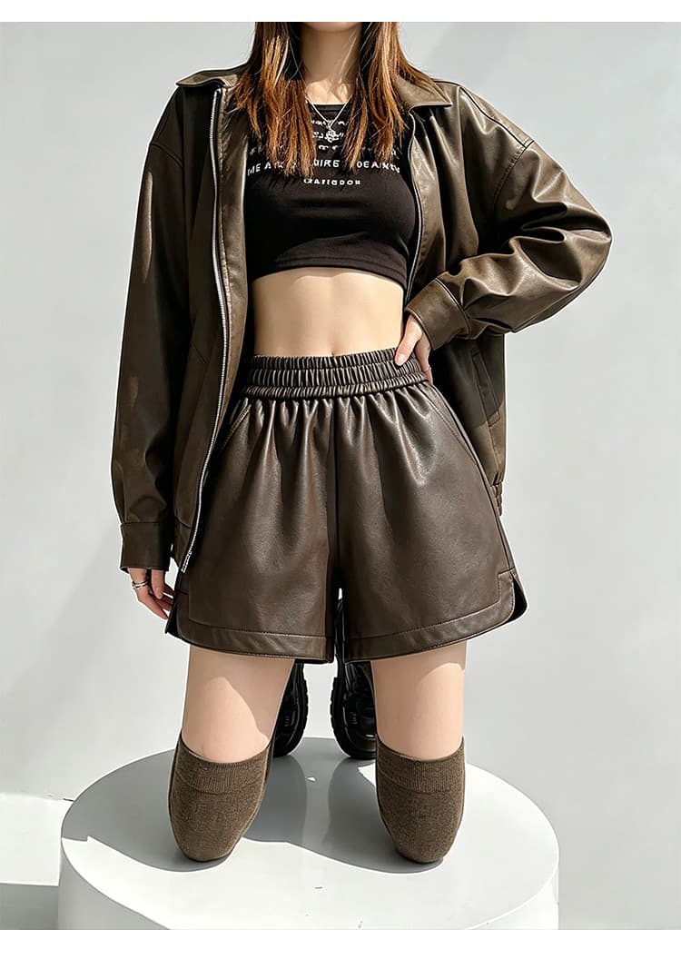 실사 검정색 반바지 여성 의류 2026 새로운 가을 하이웨이스트 가죽 바지 슬림해 보이는 넓은 다리 캐주얼 바지 작은 키 PU 가죽 상세 이미지 21