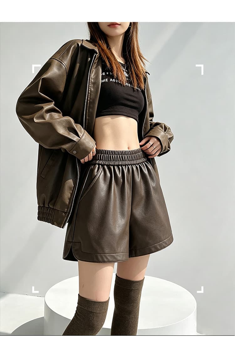 실사 검정색 반바지 여성 의류 2026 새로운 가을 하이웨이스트 가죽 바지 슬림해 보이는 넓은 다리 캐주얼 바지 작은 키 PU 가죽 상세 이미지 22