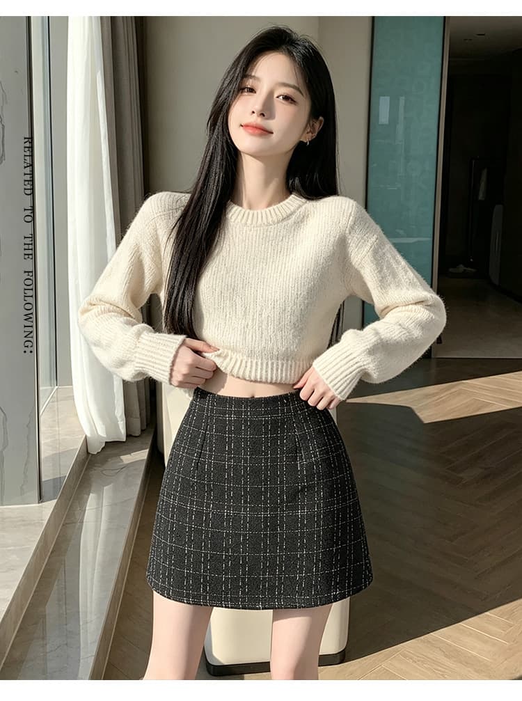 실사 하이웨이스트 기초 섹션 가시 선 체크무늬 미니 스커트 가을 겨울 새로운 슬림해 보이는 한 마디 타이트 스커트 빅 사이즈 표지 고기 반신 스커트 상세 이미지 10