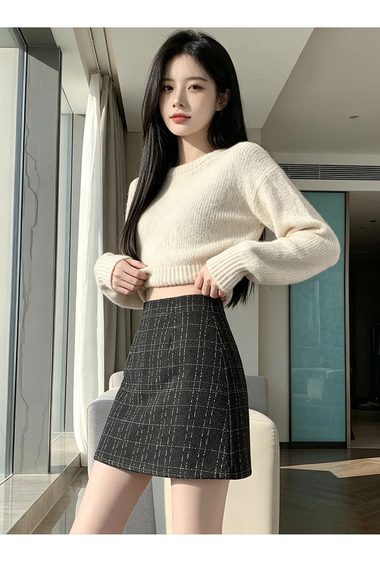 실사 하이웨이스트 기초 섹션 가시 선 체크무늬 미니 스커트 가을 겨울 새로운 슬림해 보이는 한 마디 타이트 스커트 빅 사이즈 표지 고기 반신 스커트 상세 이미지 16