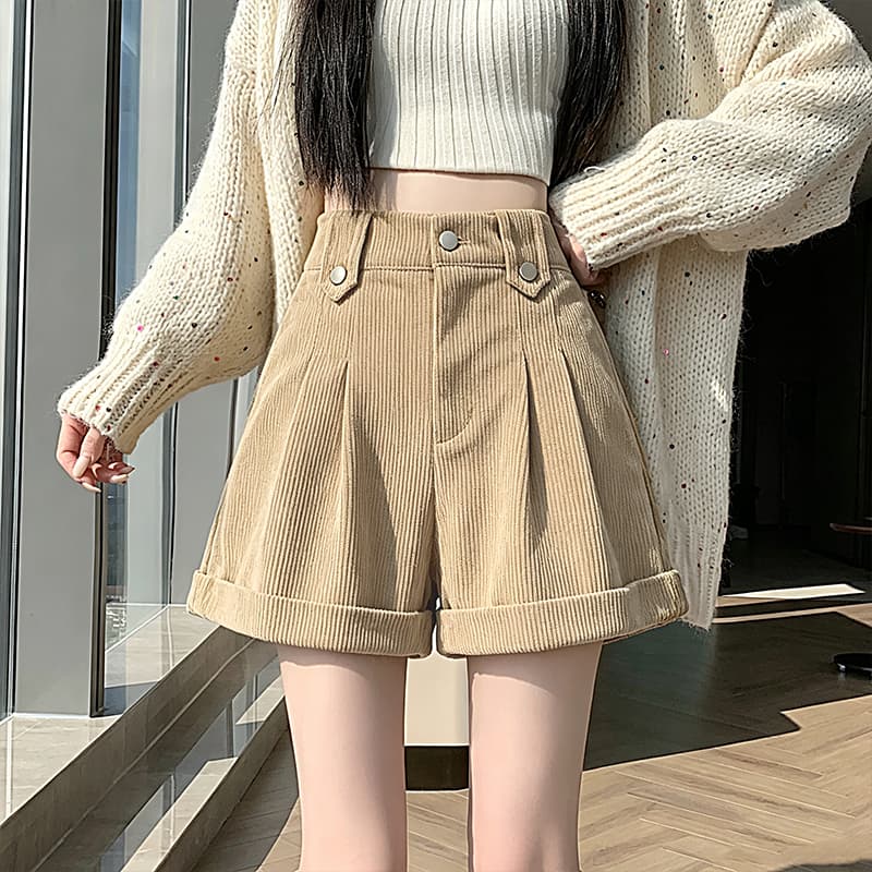 실사 2026 가을 겨울 새로운 코듀로이 반바지 여성 코듀로이 뒤집다 측면 하이웨이스트 한 마디 넓은 다리 부츠 팬츠 캐주얼 바지 이미지 5