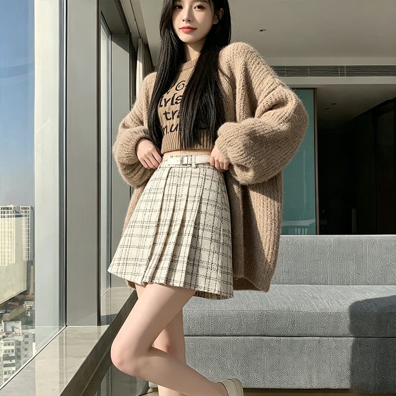 실사 체크무늬 반신 스커트 플리츠 스커트 여성 가을 겨울 2026 하이웨이스트 슬림해 보이는 루즈핏 모직 A라인 스커트 체크무늬 미니 스커트 이미지 5