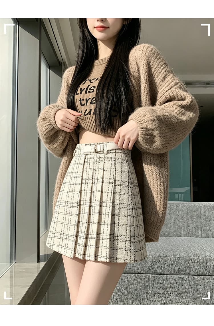 실사 체크무늬 반신 스커트 플리츠 스커트 여성 가을 겨울 2026 하이웨이스트 슬림해 보이는 루즈핏 모직 A라인 스커트 체크무늬 미니 스커트 상세 이미지 12