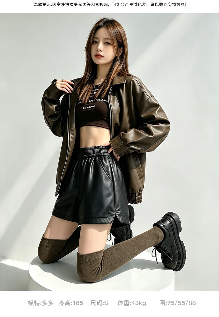 실사 2026 가을 새로운 pu 가죽 반바지 여성 하이웨이스트 밴딩 루즈핏 슬림해 보이는 다용도 한 마디 와이드 레그 팬츠 부츠 팬츠 상세 이미지 8