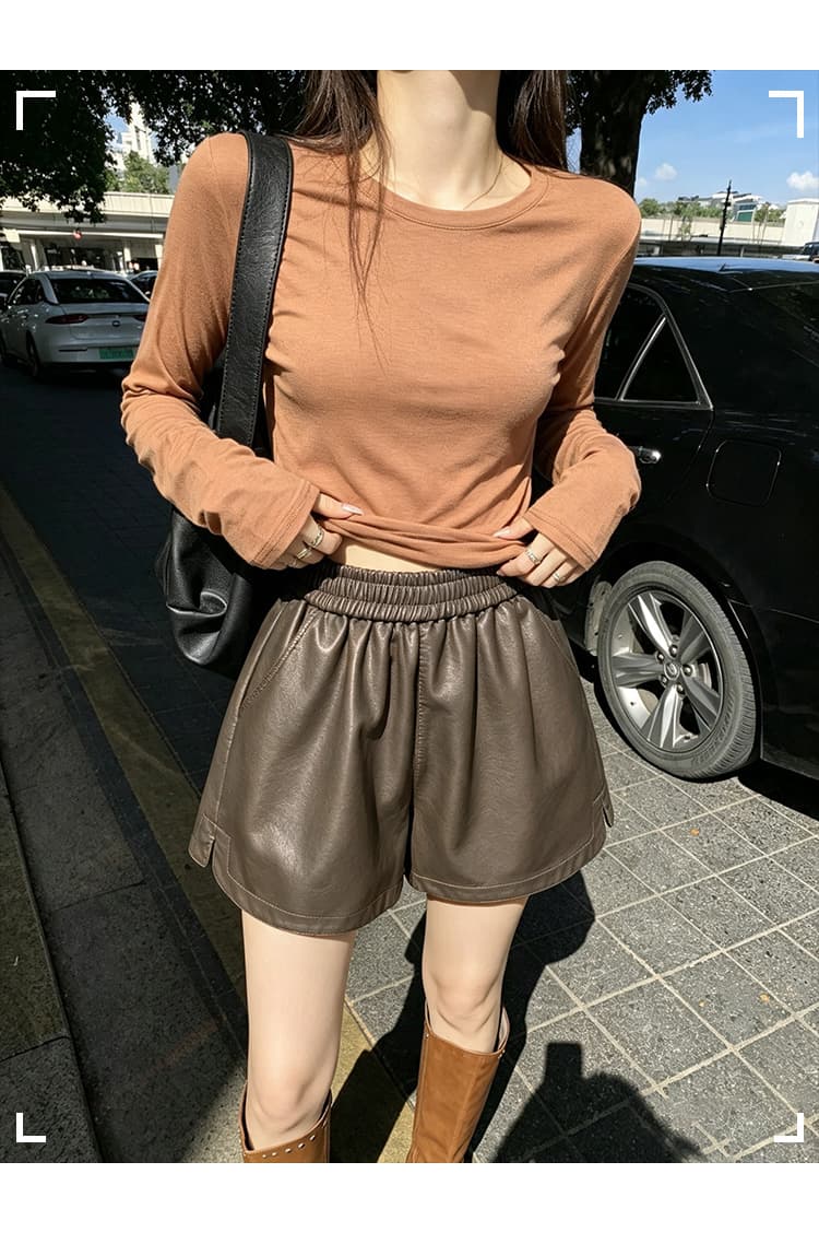 실사 2026 가을 새로운 pu 가죽 반바지 여성 하이웨이스트 밴딩 루즈핏 슬림해 보이는 다용도 한 마디 와이드 레그 팬츠 부츠 팬츠 상세 이미지 19
