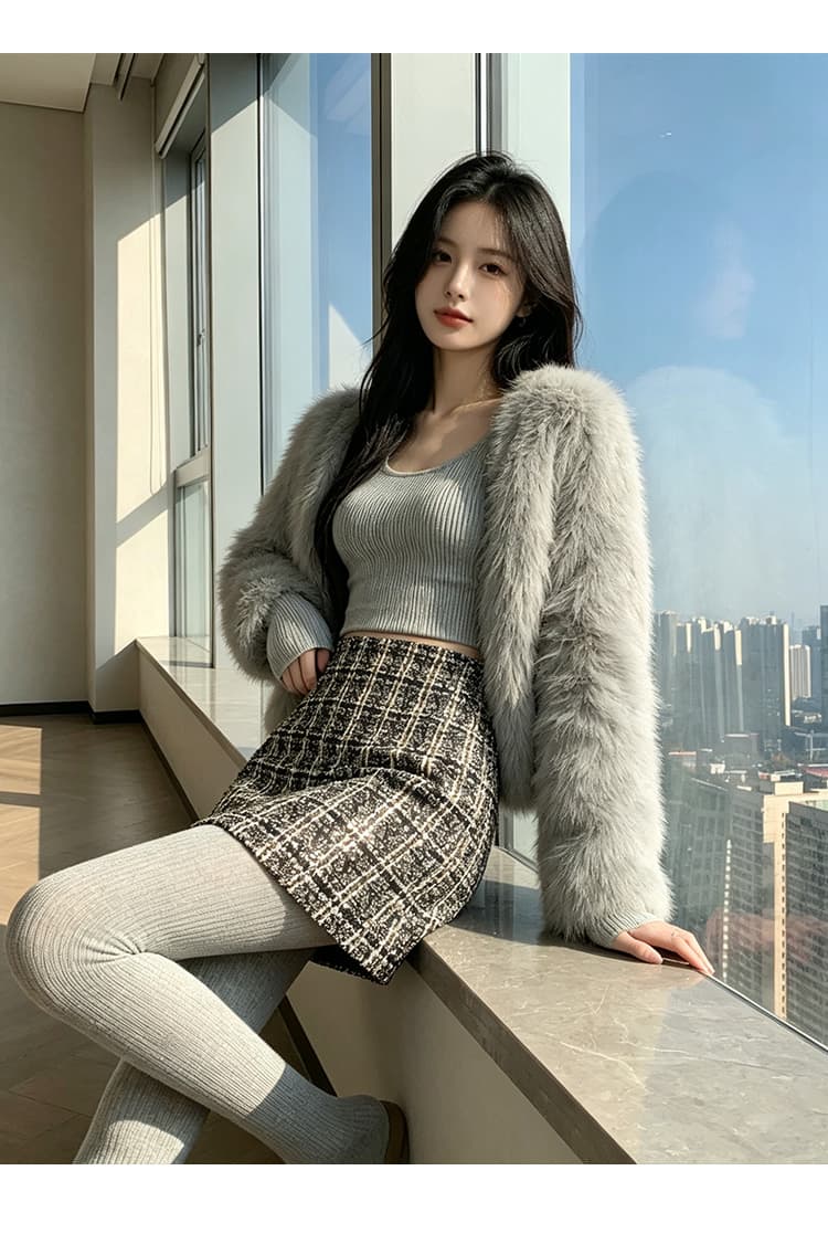 실사 체크무늬 반신 스커트 여성 2026 가을 겨울 레트로 체크무늬 미니 스커트 트위드 하이웨이스트 슬림해 보이는 한 마디 타이트 스커트 상세 이미지 23